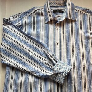 BUGATACHI Flip Cuff Shirt Mens M button down striped Floral Cotton Blue White